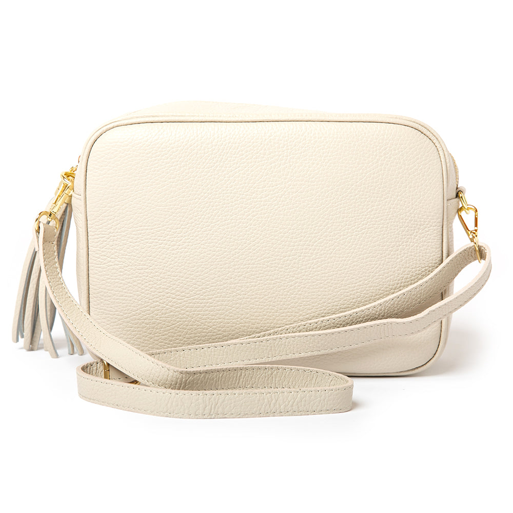 Cream Bloomsbury Italian Leather Cross Body Bag Leather tassel bag with gold hardware, extended detachable  bag shot 