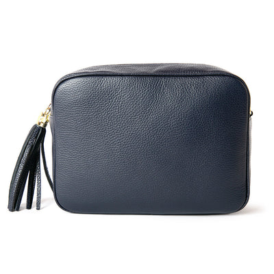 Bloomsbury navy Italian Leather Cross Body handbag with leather tassel and gold hardware