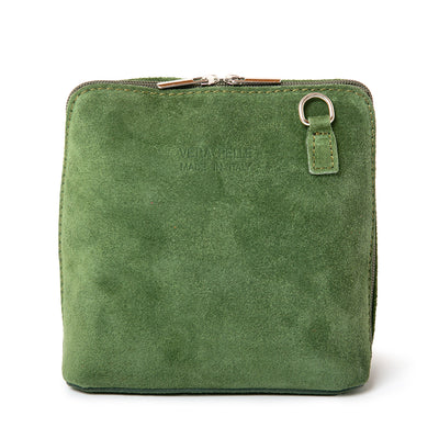 Bronte Suede Crossbody Bag in Olive green. Made from 100% Italian suede, shown from the front with silver hardware