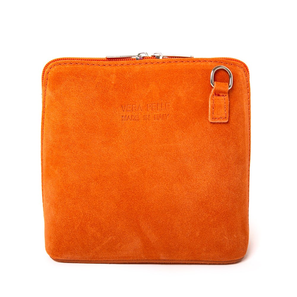Bronte Suede Crossbody Bag in Orange. Made from 100% Italian suede, shown from the front with silver hardware