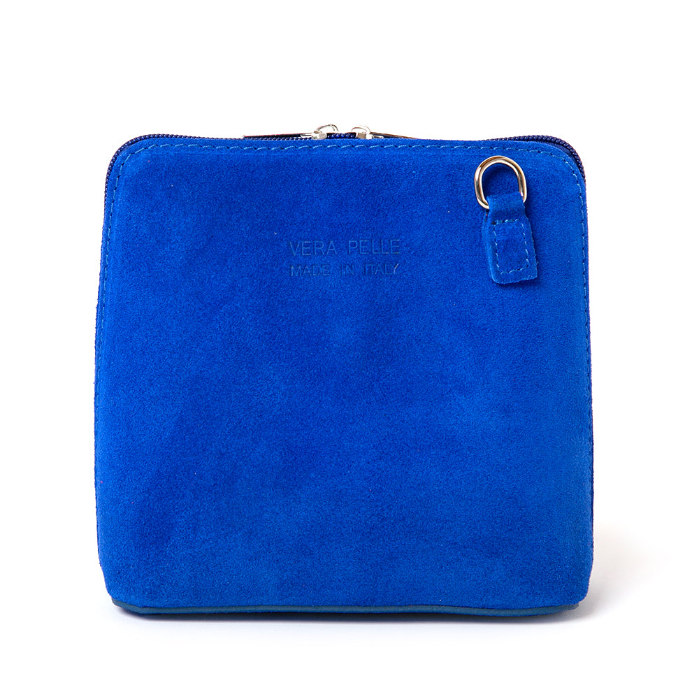 Bronte Suede Crossbody Bag in Royal blue. Made from 100% Italian suede, shown from the front with silver hardware