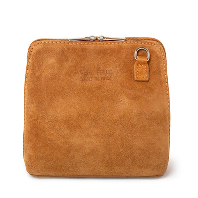 Bronte Suede Crossbody Bag in Tan. Made from 100% Italian suede, shown from the front with silver hardware