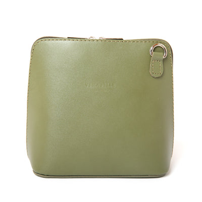 Bronte Crossbody Bag in Olive Green. Made from 100% Italian leather, shown from the front with silver hardware
