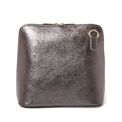 Metallic Pewter Bronte Crossbody Bag. Made from 100% Italian leather, shown from the front with silver hardware
