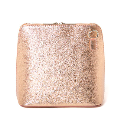 Metallic Rose gold Bronte Crossbody Bag. Made from 100% Italian leather, shown from the front with silver hardware