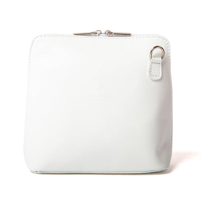 Bronte Crossbody Bag in white, front view with silver hardware. Made from Italian leather.