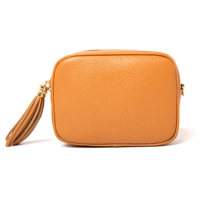 Chichester tan Italian leather cross body gold hardware and side tassel handbag 