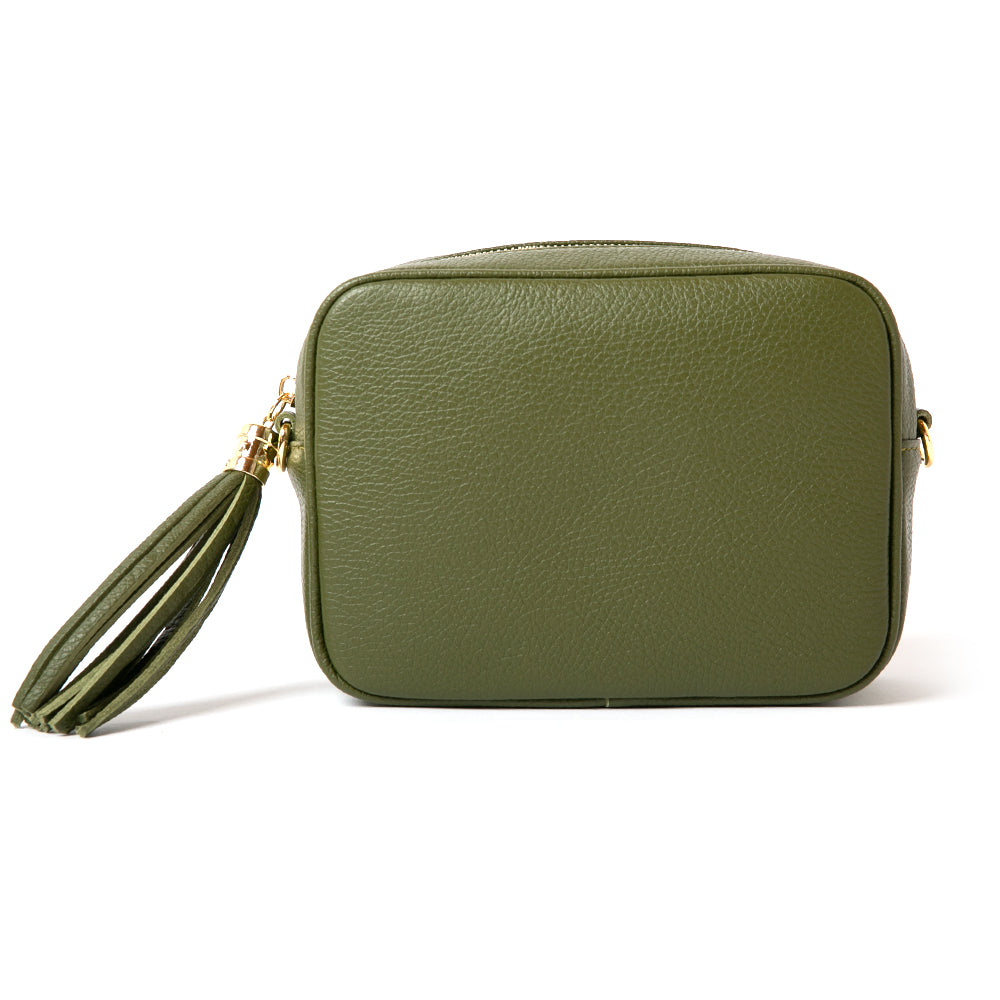 Khaki green Chichester Italian leather handbag with side tassel and gold hardware and detachable long strap
