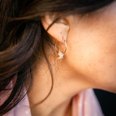 Cuba-Womens-Jewellery-Delicate-Dainty-Star-Pendant-Detail-Mini-Hoop-Earrings-Gold-Modelled