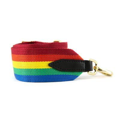The rainbow detachable bag strap is fully adjustable and features gold hardware and black leather detailing.
