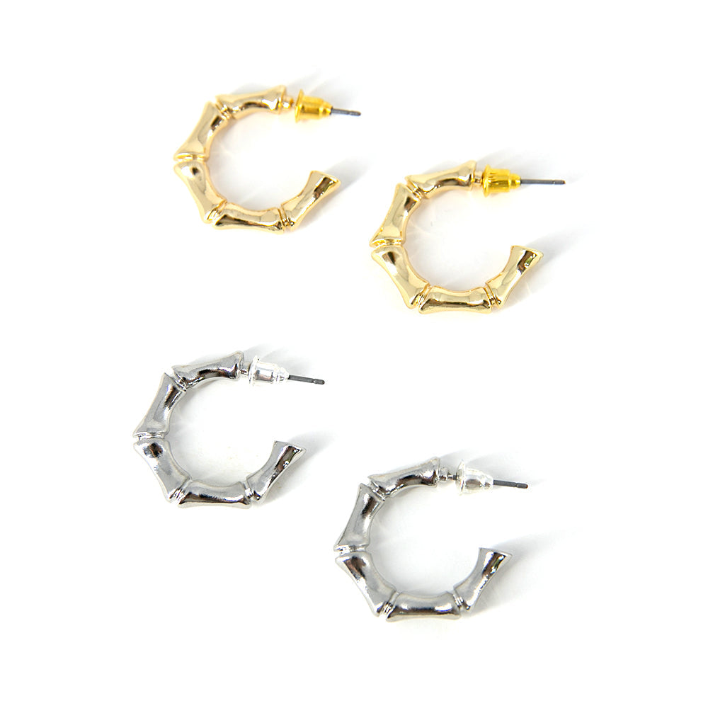 Eden earrings, lightbox in both gold and silver, small hoops with a bamboo design