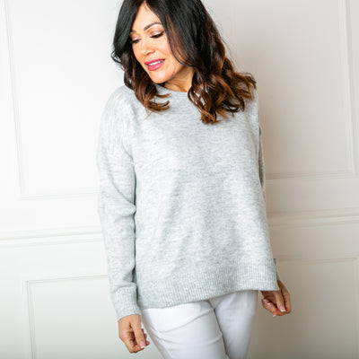 The Essentials Knitted Jumper in silver grey with long sleeves and a round crew neckline