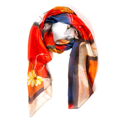 Women's Pure Silk Scarf Rectangle in a Red Flower and Shapes Print, Up Close View
