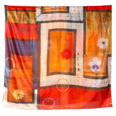 Women's Pure Silk Scarf Rectangle in a Red Flower and Shapes Print, Up Close View in Detail