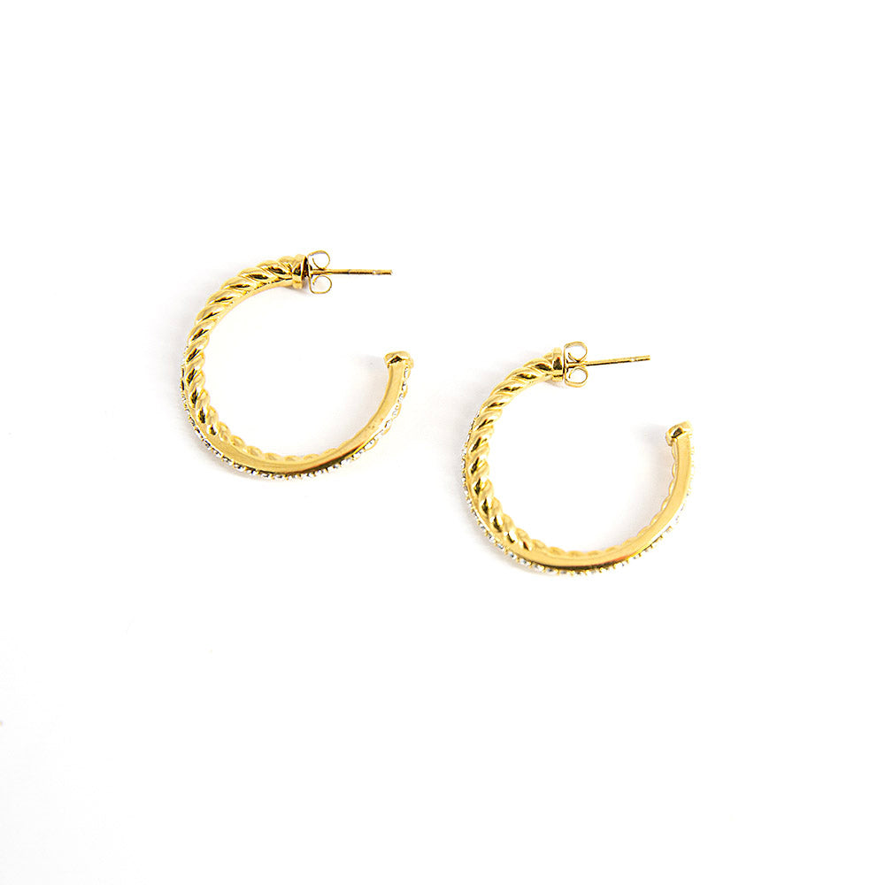 Frankie hoops in gold, women's earrings, twisted hoop with sparkly detail