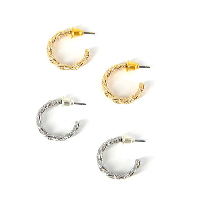 Freddie earrings, lightbox image in both gold and silver, small hoops with a plait design