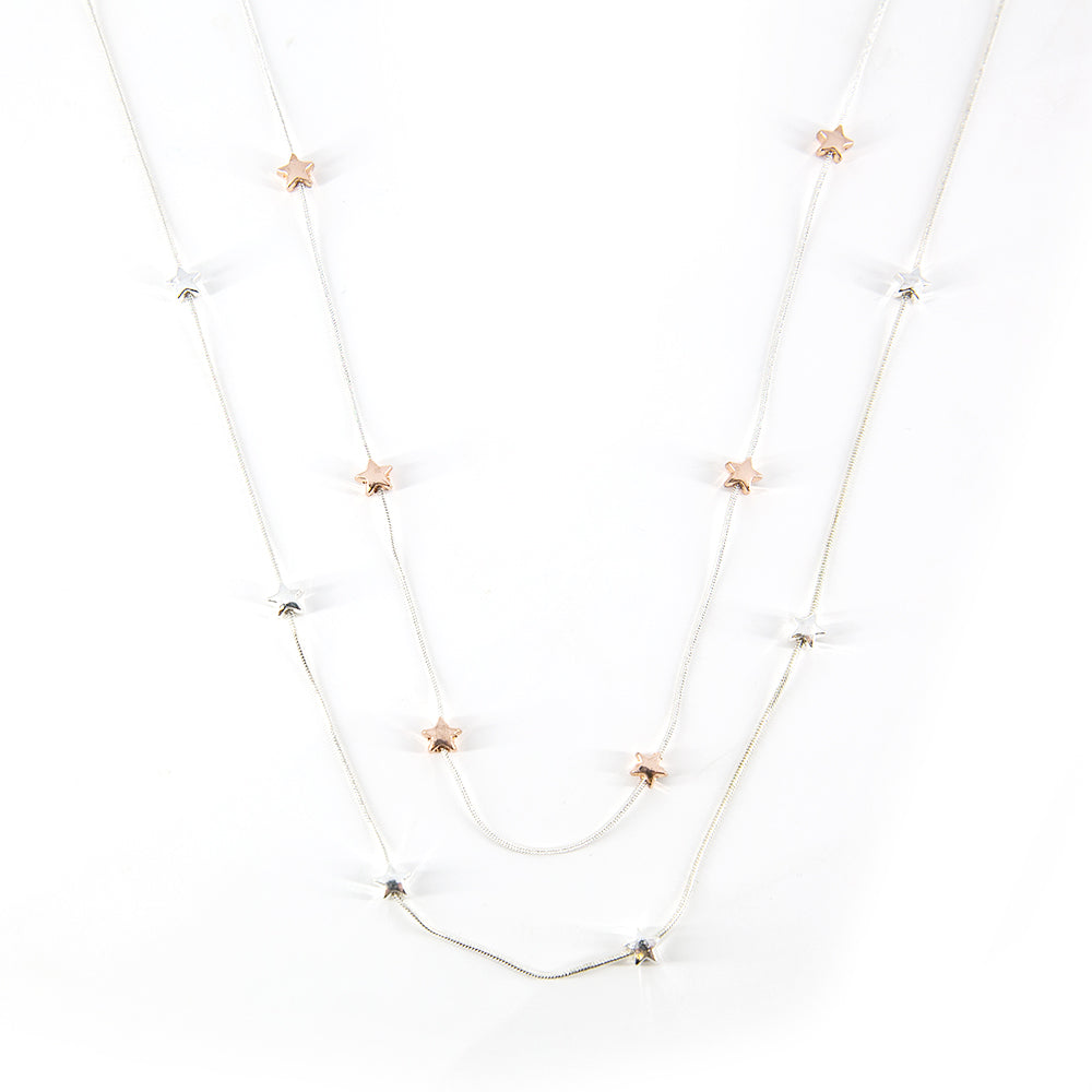 Geri necklace in Silver, snake chain, long necklace with star pendants in silver and rose gold