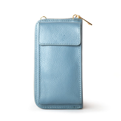 denim blue India leather bag, internal card slots and pocket, popper fastening and detachable cross strap