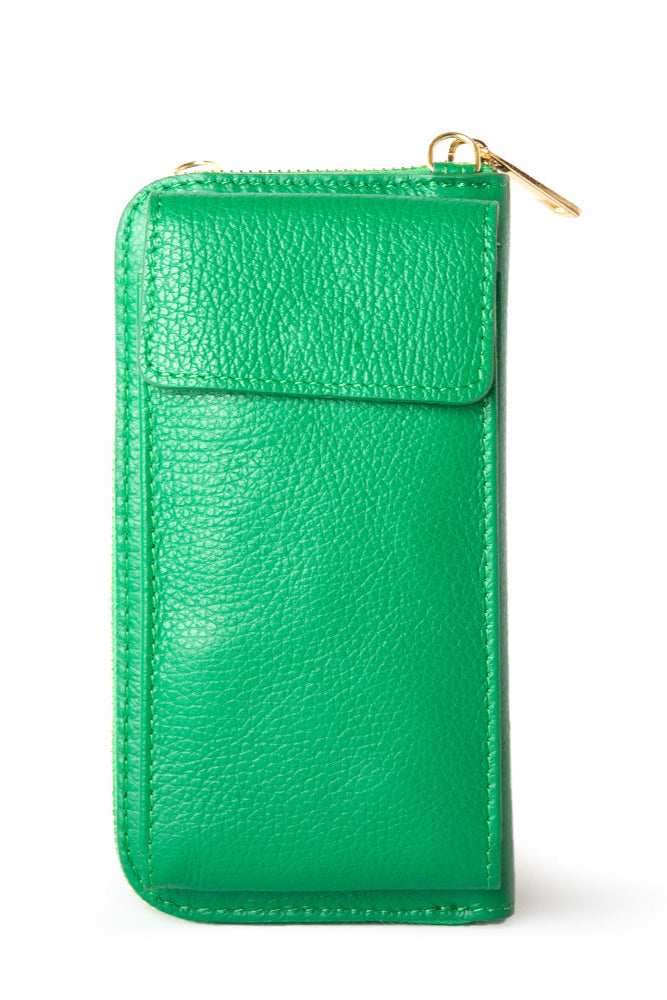 India leather bag with card slots and pocket, popper fastening and detachable cross strap in emerald