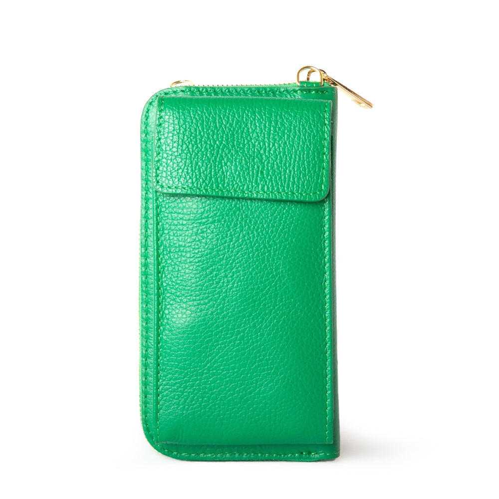 India leather bag with card slots and pocket, popper fastening and detachable cross strap in emerald
