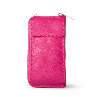 bright fuchsia India leather handbag with card slots and pocket inside, popper fastening and detachable cross body strap