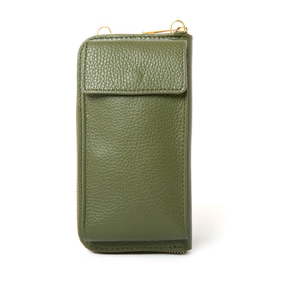 Khaki Green India leather bag with card slots and pocket inside, popper fastening and detachable cross body strap