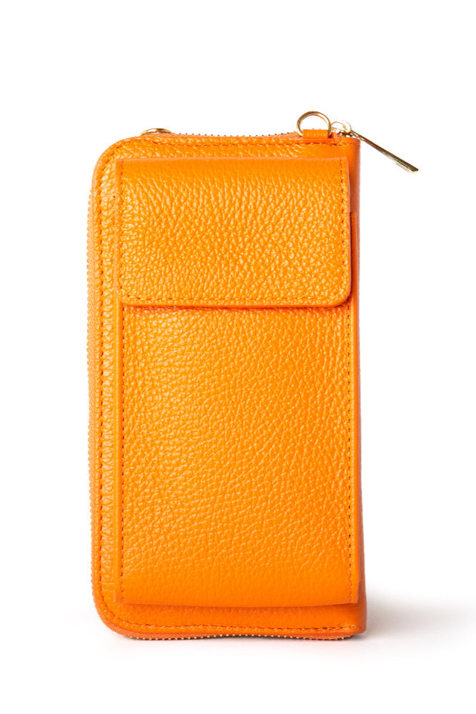 Italian leather India crossbody bag with card slots and pocket, popper fastening and detachable cross strap in orange 