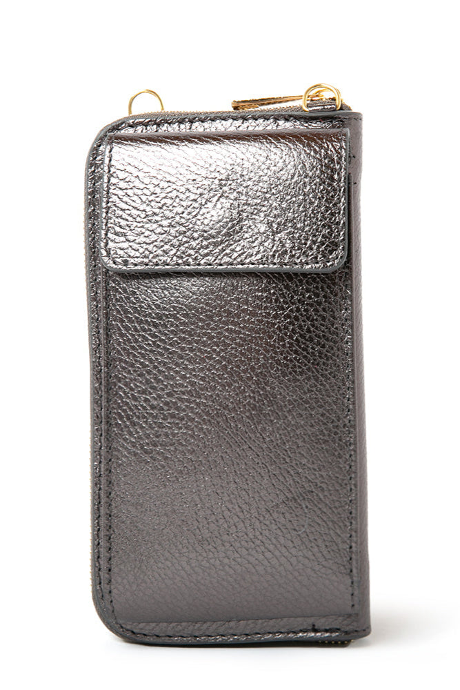 Pewter Metallic Grey India leather bag with card slots and pocket inside, popper fastening and detachable cross body strap