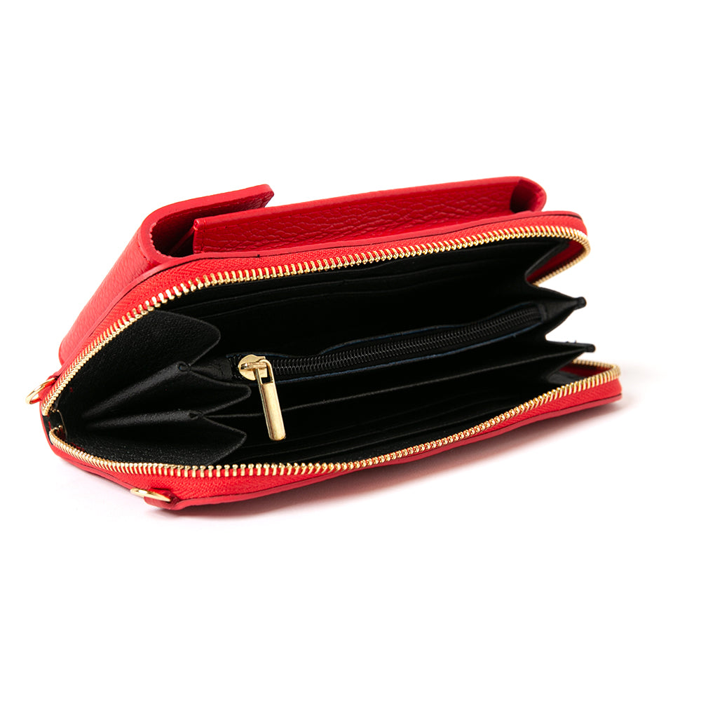 Internal shot of Red India leather handbag with internal card slots and pocket, popper fastening and detachable cross body strap