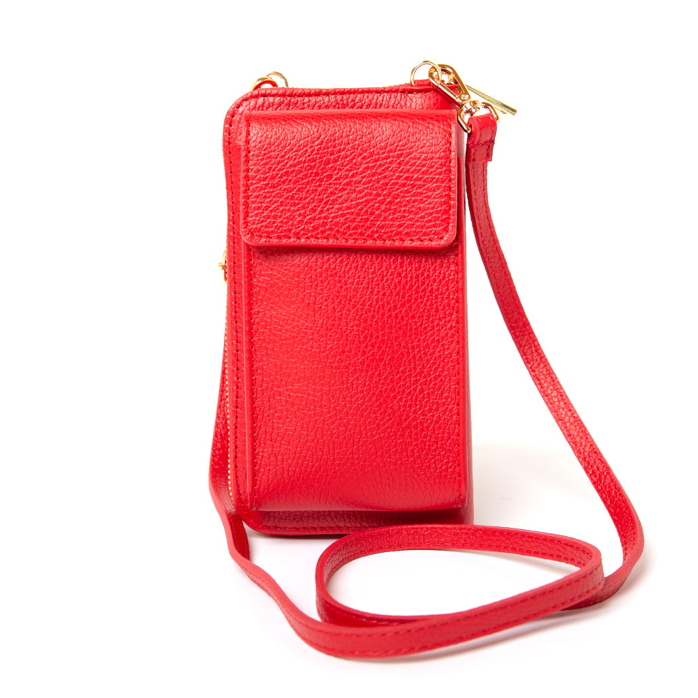 Leather cross body purse. Extended strap shot of Red India leather bag with internal card slots and pocket, popper fastening and detachable cross body strap