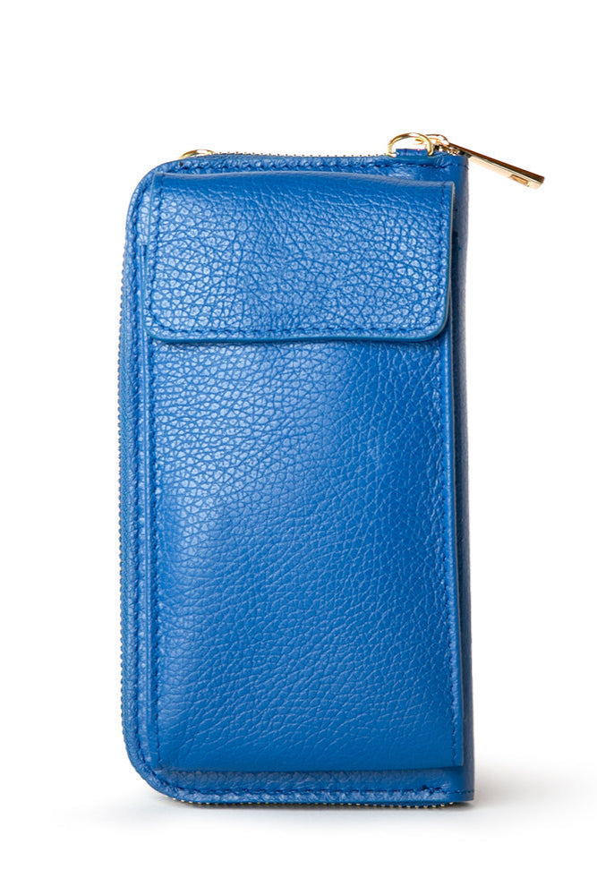 Leather cross body purse. royal blue India leather bag with card slots and pocket inside, popper fastening and detachable cross body strap