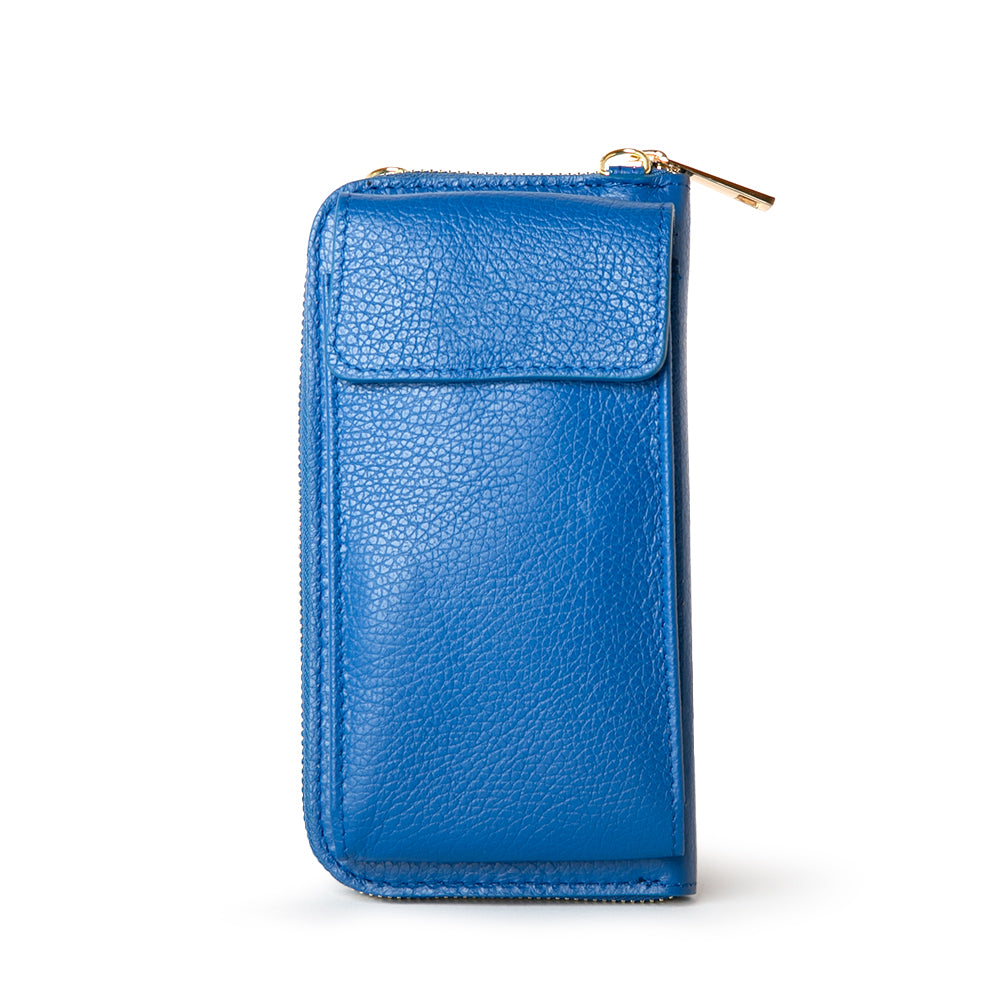 Leather cross body purse. royal blue India leather bag with card slots and pocket inside, popper fastening and detachable cross body strap
