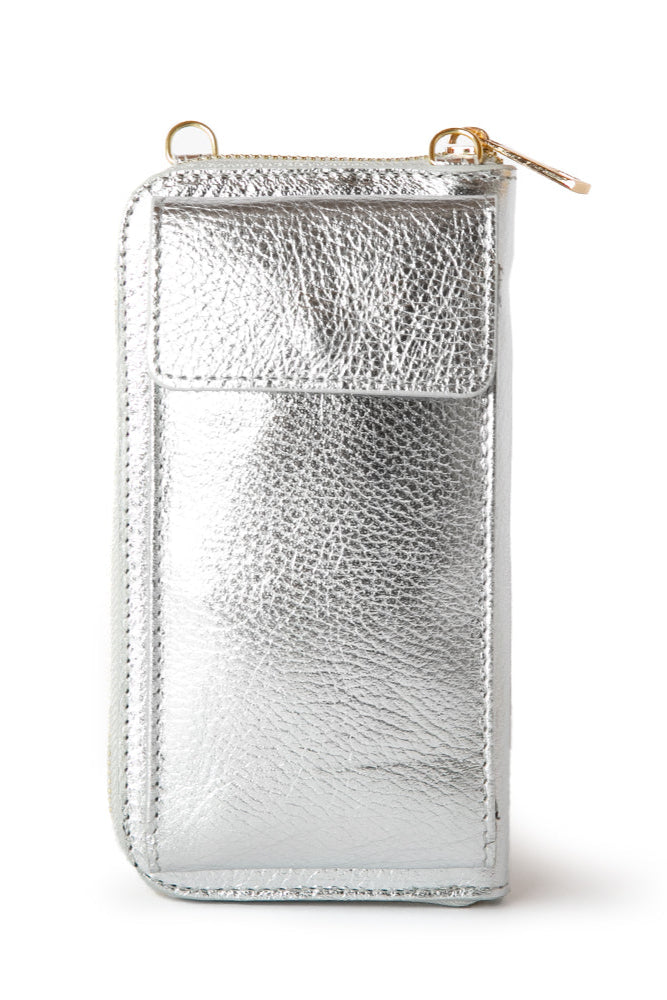 Silver India leather crossbody handbag with internal card slots and pocket, popper fastening and detachable strap