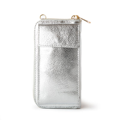 Silver India leather crossbody handbag with internal card slots and pocket, popper fastening and detachable strap
