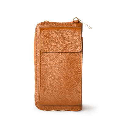 Tan Italian leather India crossbody bag with card slots and pocket, popper fastening and detachable cross strap