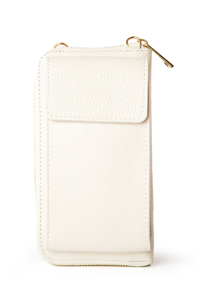 Italian leather India crossbody bag with card slots and pocket, popper fastening and detachable cross strap in white