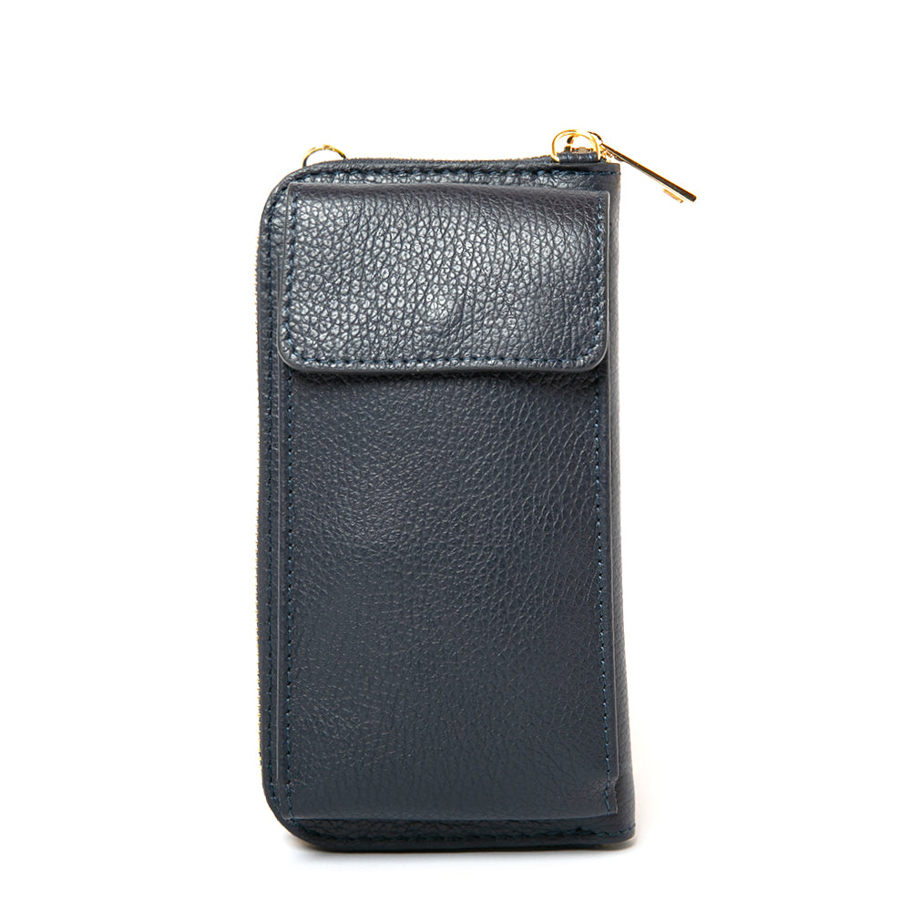 Navy Italian leather India crossbody bag with card slots and pocket, popper fastening and detachable cross strap