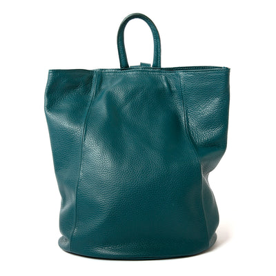 open strap shot of dark turq/teal Langton Italian leather backpack with top zip, silver clasp fastening and back pocket
