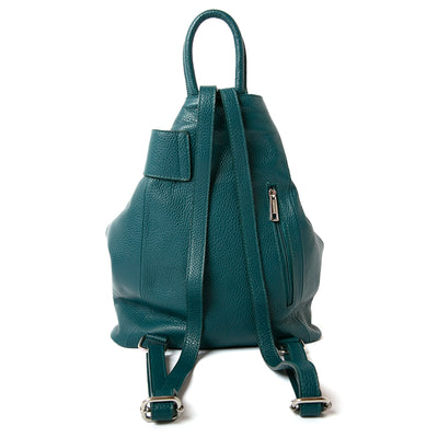 reverse shot of dark turq/teal Langton Italian leather backpack with top zip, silver clasp fastening and back pocket