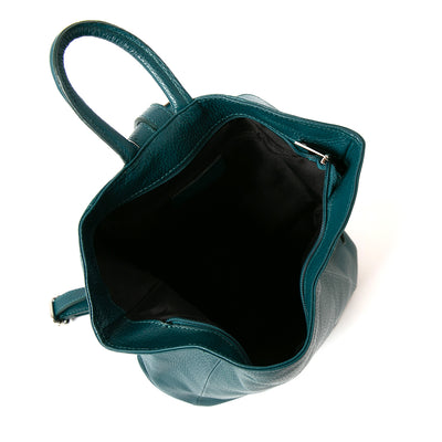 open inside shot of dark turq/teal Langton Italian leather backpack with top zip, silver fastening and back pocket
