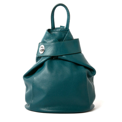 dark turq/teal Langton Italian leather backpack with top zip, silver clasp fastening and back pocket