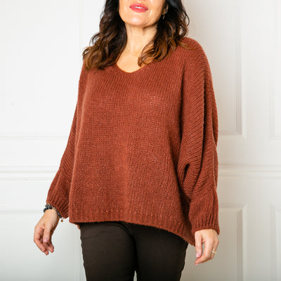 Mohair V Neck jumper in Chocolate, long sleeves, loose fit, women's knitwear, firm favourite.
