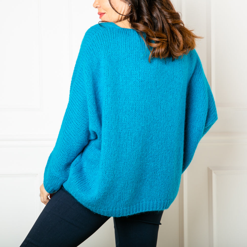 The jade blue Mohair V Neck Jumper, our bestselling jumper, which is great for layering