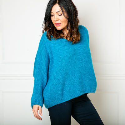 The Jade Blue Mohair V Neck Jumper with long sleeves and a v neckline