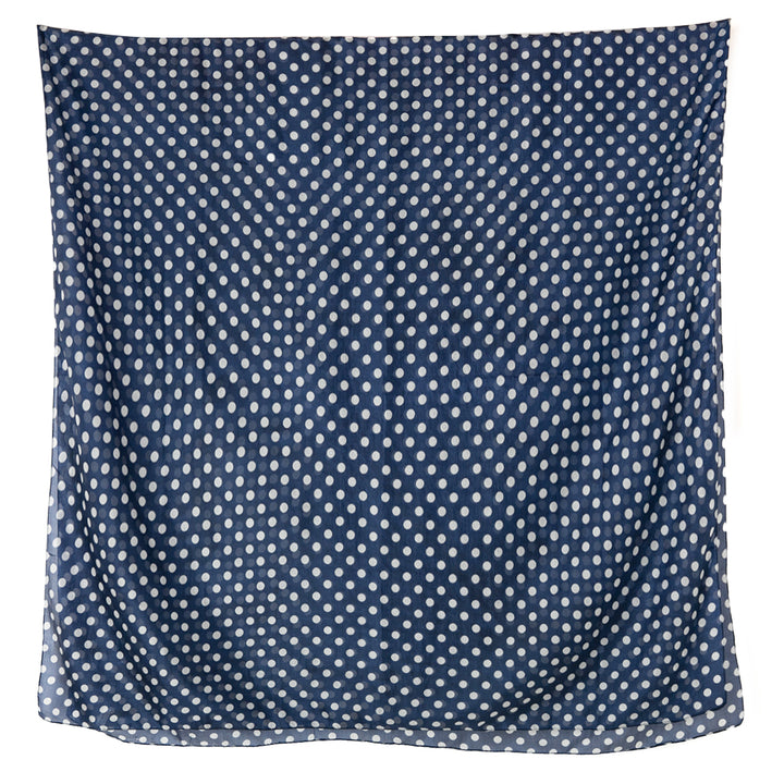 The Navy Polka Dot Silk Scarf showing the spotty pattern in full