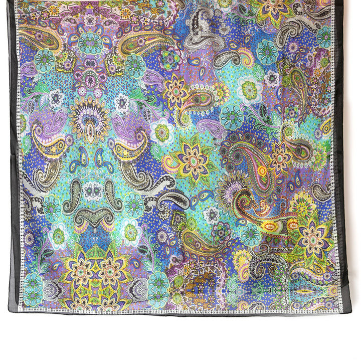 The Paisley Blossom Silk Scarf with hints of blue, green, purple and yellow