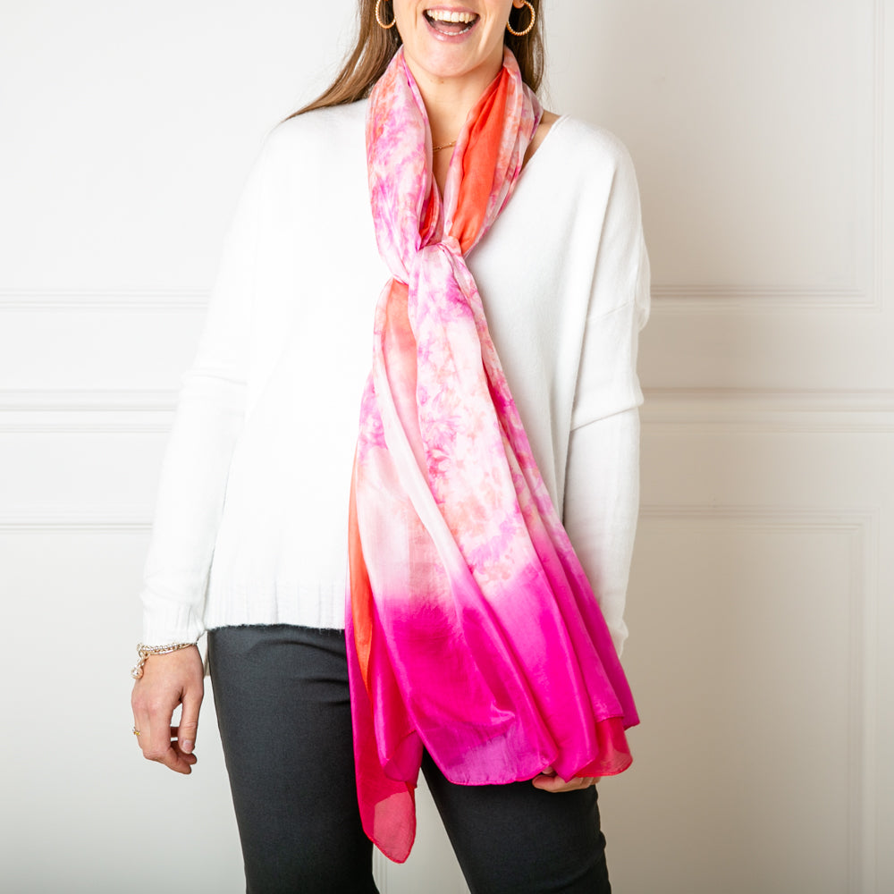 Women's Pure Silk Scarf Rectangle in a Pastel Pink Tie Dye Pattern Print