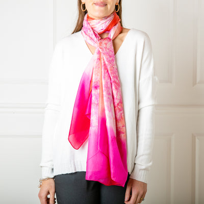 Women's Pure Silk Scarf Rectangle in a Pastel Pink Tie Dye Pattern Print Multi Ways to Wear