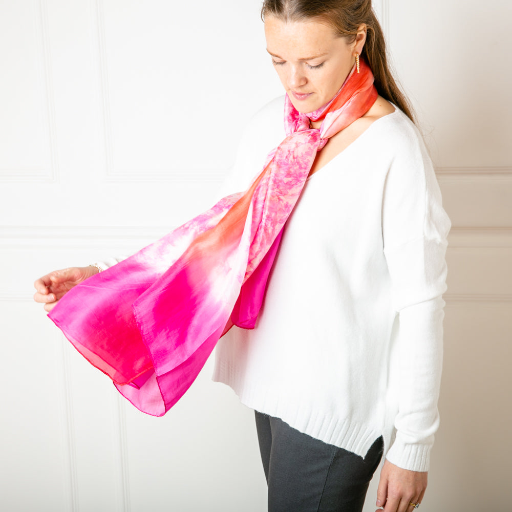 Women's Pure Silk Scarf Rectangle in a Pastel Pink Tie Dye Pattern Print Luxury Accessories