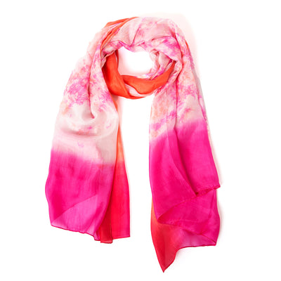 Women's Pure Silk Scarf Rectangle in a Pastel Pink Tie Dye Pattern Print, Up Close View